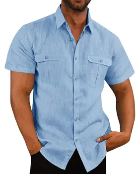 קיץ בגדי גברים חולצה כפולה כיס קנבוס כותנה עם שרוולים קצרים חולצה מזדמן חופשה החולצה 7 צבעים