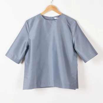 ערפיח כחול Shuanggong 100% התות משי העליון של נשים במשקל כבד משי חולצת קיץ רופף גודל גדול שרוול קצר חולצה