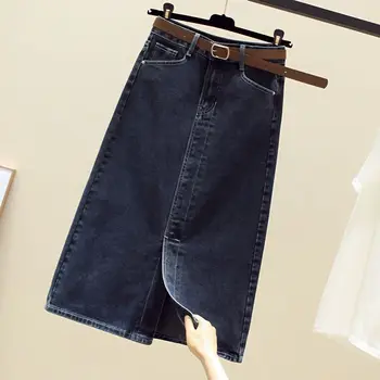 נשים לפני שסף כחול ג ' ינס, חצאית כיסים גבוהה המותניים רזה כפתור כיס חצאיות ארוכות 2023 אביב נשי מזדמן אופנת רחוב Q581