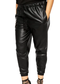 בתוספת גודל אלגנטי אופנה האביב הסתיו עור Pu מכנסיים נשים מזדמנים שחור מוצק כיסים צדדים שרוך מותן מכנסי דגמ 