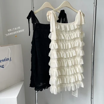 אלגנטי בציר קפלים Suspender מקשה אחת שמלות נשים 2023 חדש לפרוע עיצוב קו נקבה סלים שמלת נסיכה נוח שיק