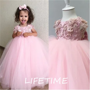 התמונה האמיתית נפוח ילדה שמלה ליום הולדת אפליקציה בגדי ילדים ילדים שמלת מסיבת פרח שמלת ילדה עם קשת