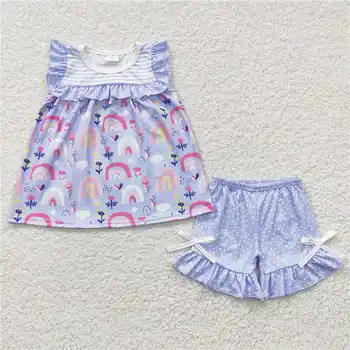 GSSO0214 קיץ חמודים בנות, קשת פרח כחול פולקה דוט שרוולים קצרים להגדיר עבור התינוק בגדי ילדות בוטיק בגדים