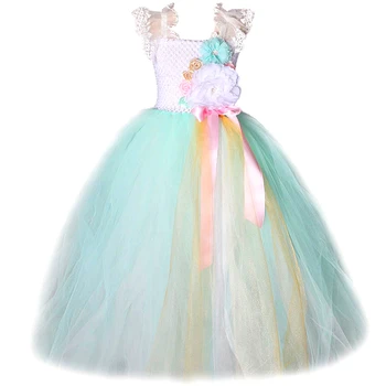 תחרה ילדה פרח ארוך שמלת חתונה יום הולדת טול שמלות עבור בנות נסיכה טוטו תחפושות ליל כל הקדושים הילדים טורקיז שמלת נשף