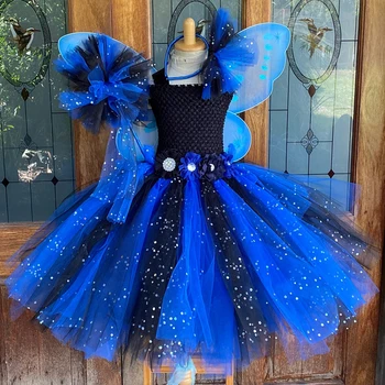 בנות כחול שחור נצנצים חצאית השמלה ילדים פרח שמלות עם האגף מקל Hairbow ילדים יום הולדת, מסיבת ליל כל הקדושים תלבושות להתלבש