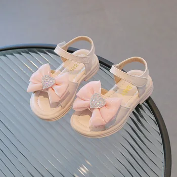 בנות סנדלי קיץ אופנה חמוד Bowknot ריינסטון הנסיכה בוהן פתוח נעלי חוף נעליים שטוחות יומי תינוק נעליים