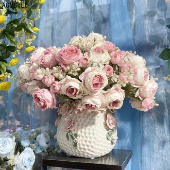 AGMSYEU יצירתי סימולציה זר החתונה הכלה מחזיקה פרחים רוז סידור פרחים אגרטל קישוט הבית עיצוב מרפסת