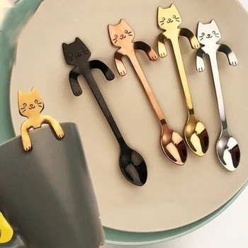 נירוסטה קפה כפית מקסים חתול חמוד בצורת כפית קינוח חטיף סקופ גלידה מיני כפיות שולחן כלי מטבח.