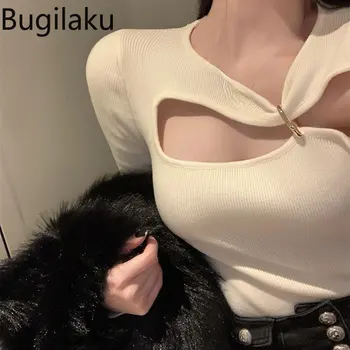 Bugilaku רחוב אופנה סקסית Pullovers נשים מוצק צבע Slim Fit חלול החוצה סוודרים שרוול ארוך בתוך סרוגים למשוך נשי
