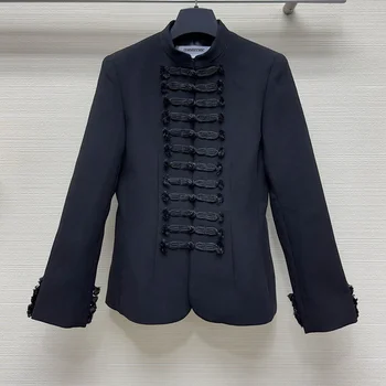 אביב שחור בלייזר מעיל אופנה 23Early בסגנון סיני כפתורים לעמוד צווארון המותניים טמפרמנט מעיל נשים שרוול ארוך דק ' מקסימום