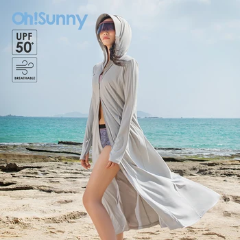 OhSunny קיץ מעיל ארוך הגנה מפני השמש בגדי נשים מעיל רוח עם ברדס UPF50+ לנשימה דק ספורט חוף ג ' קטים
