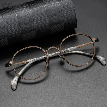 56512 באיכות גבוהה רטרו סיבי אצטט מסגרת למשקפיים עבור גברים, נשים, עגול טהור טיטניום מרקם מסגרת למשקפיים