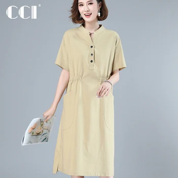 CCI מיהרו נשים שמלה רשמית חופשי כפתור הגילאים 35 45 שנים מוצק פולו מזדמן שמלות חלוק YJ073D