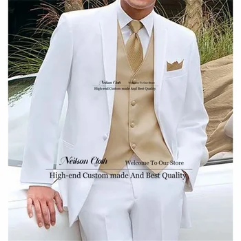 2023 אופנה גברים לבנים חליפות חתונה 3 חלקים ג ' קט זהב אפוד מכנסיים עסקים זכר הנשף בלייזרס Slim Fit Terno Masculino