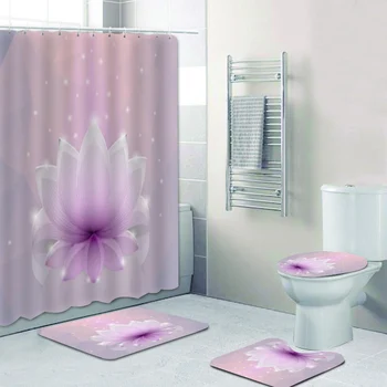 3D שיק ורוד פרח לוטוס חדר מקלחת וילון להגדיר ערבית מופשט פריחת אמבטיה וילונות שטיחים מחצלות על מכסה האסלה כיסוי
