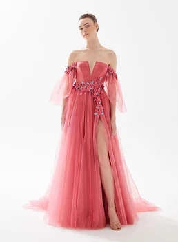אלמוג טול פיצול שמלות נשף את הכתף פרח Appliqued זמן שמלות ערב ללבוש רשמי פוטושוט שמלת מסיבת