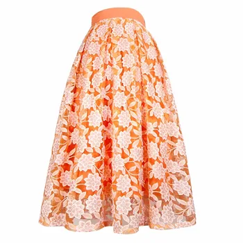 2023 קיץ אופנתיים נשים וינטאג ' אסתטיקה אלגנטית קוריאנית סגנון לבוש כתום רקמה פרחונית ארוכה חצאית טול בשביל החג