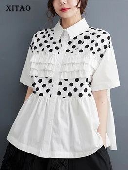 XITAO יחיד, נשים בעלות החולצה קוריאה אישיות אופנה חופשי Turn-למטה צווארון שרוול קצר חולצה 2023 הקיץ החדש HQQ0188