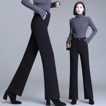 2021 נשים של צמר מכנסיים רחבות הסתיו והחורף מוצקים גבוה מכנסיים מותן חדש מקרית נקבה עבה רופף ישר מכנסיים H290