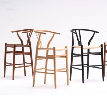 נורדי מלא עץ כסאות בר מינימליסטי קפה גבוהה כסא בר בר רהיטים יצירתיים בבית כורסה פנאי חזרה קש בר כיסאות