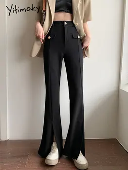 Yitimoky גבוהה מכנסיים מותן נשים 2023 אופנה חדשה קיץ בציר רזה פיצול מכנסיים שחורים שיק רזה אופנת רחוב נשים הזיקוק המכנסיים