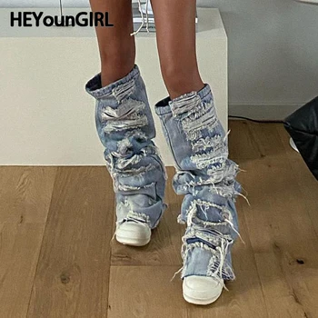 HEYounGIRL נשים Y2K ג ' ינס מחממי רגליים גרב אופנת רחוב היפ הופ נקרע חור עגל גרביים אופנה כחול קוריאנית נערה להתאים בגדים