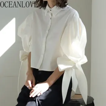 OCEANLOVE יפן סגנון נשים חולצות מוצק אביב קיץ בציר קשת אלגנטית חולצות משרד ליידי מתוק חופשי Blusas Mujer