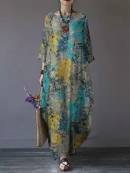 גדולים נשים פרחוני שמלת קיץ 2023 מודפס שמלת מקסי אלגנטי סתיו יומיומי שרוול ארוך Vestidos נקבה כותנה חלוק