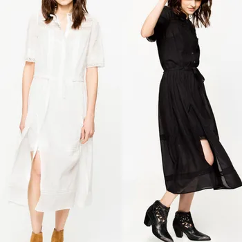 לבן שחור שתי חתיכות להגדיר Midi שמלה נשים תחרה, תפירה שסף שרוול קצר 100% ויסקוזה שרוכים נשי אלגנטי O-צוואר החלוק