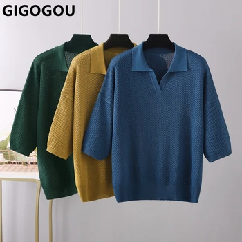 GIGOGOU מנופחים איכות גבוהה V-צוואר נשים לאביב קיץ סוודר אופנה חצי שרוולים רפויים מקרית של האישה לסרוג העליון