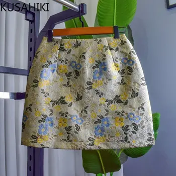 KUSAHIKI חצאיות נשים 2023 קוריאנית גבוהה המותניים אביב סתיו אלגנטי אופנה קו-מיני פרחונית חצאית Mujer Faldas