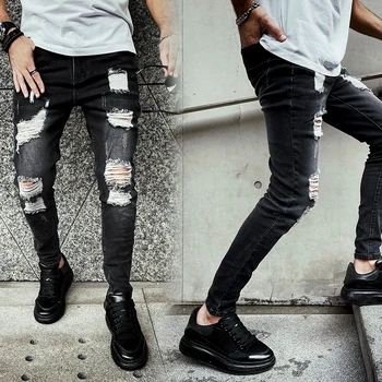 קרע ג 'ינס חדשים לגברים אישיות FashionRipped Sli עיצוב ג' ינס מקרית m ג ' ינס ברך חור אופנה מכנסיים