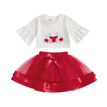 2022 2-7Y הנסיכה ילדים ילדה בגדים הלב קרן ראש רקמה שרוול קצר צוואר עגול עליון+קשת אדום חצאית טול הקיץ 2pcs