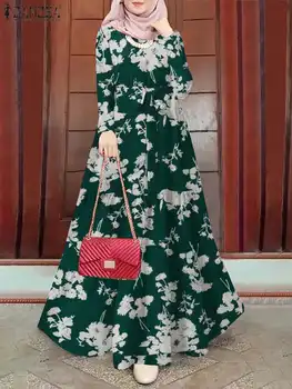 כפיות לנשים בציר שרוול ארוך פרחוני מודפס שמלת קיץ מוסלמי זמן DressTurkey Abaya ZANZEA עיד Mubarek Isamic Vestido