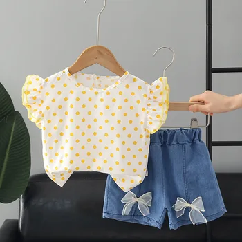 פעוטה סטים 2023 הקיץ של הילדים מנוקדת בלבן שרוול קצר tT-חולצת ג ' ינס Bowknot כותנה קצרים התינוק בגדי בנות