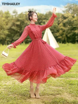TIYIHAILEY משלוח חינם Boshow נשים ארוכה מקסי ארוכה פנס שרוול אביב S-L שיפון גדול שולי קפלים נקודה אדומה שמלות תחבושת