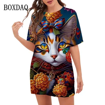 חדש 2023 נשים שמלות אופנה דפוס O-צוואר חתול מצויר הדפס פרחוני שמלת קיץ מגמה מקרית שרוול קצר מסיבת נשים שמלה