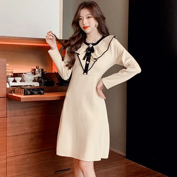 קוריאני בגדי נשים עניבת פרפר לפרוע חרוז סריגה באיכות גבוהה אלגנטי אופנה סוודר דק שמלות Vestido