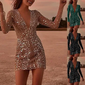 נשים סקסי V עמוק השמלה לראות דרך זהב מכוסה הישבן שמלה שרוול ארוך שמלת ערב החלוק בנות vestidos פארא mujer