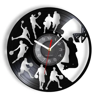 דאנק כדורסל Sportsroom עיצוב הבית שעון קיר שחקני כדורסל צללית הטבעות התקליט ויניל שעון Mancave קיר בעיצוב
