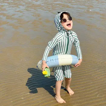 בנים מגניב דינוזאורים בגדי ילדים אופנה פסים הגנה מפני השמש רוכסן חליפת שחייה סרבל בנות מצוירות חמודות, ביקיני
