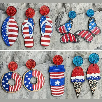 אישיות אופנה חם האמריקאי יום העצמאות עגילים דגל פרפר רוגבי עץ להשתלשל עגיל תכשיטים סיטונאי מתנה