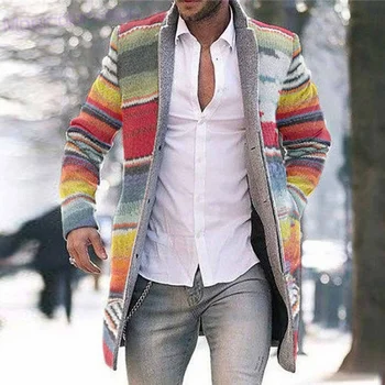 אופנה אופנתי מעיל חדש משובץ עם פסים ארוך שרוולים סוודר מעיל של גברים