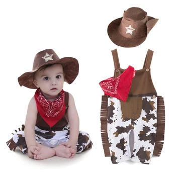התינוק תחפושת של קאובוי צילום בגדים רומפר צעיף & המערבי כובע בוקרים פוטושוט אביזרים 6-12Month תמונה של התינוק בגד גוף
