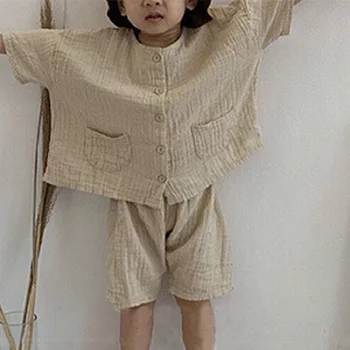 קיץ לילדים בגדים להגדיר קוריאנית סט רטרו סאן כותנה פשתן קמטים אחת עם חזה חופשי בנים בנות מקרית תלבושת להגדיר