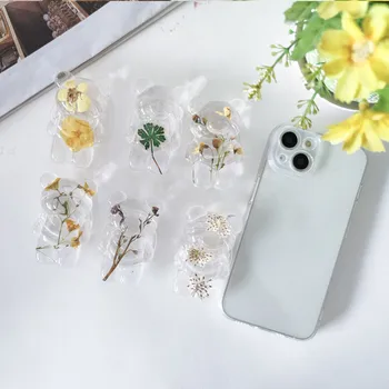 20pcs פרח אמיתי עלים עץ דוב בובה חכמה טוק מחזיק טלפון אוניברסלי קוריאה שקוף אחיזה עצלן סוגר לעמוד שקע