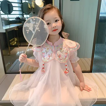 ילדים מתוקים ילדה שמלת הקיץ צוואר עגול פאף שרוול קשת אפליקציה טול Vestidos אופנתי בסגנון סיני לילדים שמלות