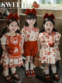 בנות אידילי שמלה חליפה 2023 חדש קיץ מזדמן לילדים בטעם תות הארנב הדפסה חולצה מגמה