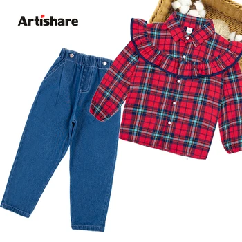 בגדי ילדים משובץ דפוס תחפושת לבנות חולצה + ג ' ינס בגדי ילדה סגנון מקרית אימונית ילדים