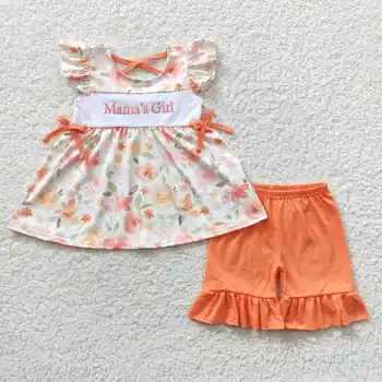GSSO0235 הקיץ בגדים מזדמנים בנות רקום כתום טיסה שרוול קצרים סטים ילדה תינוק בגדי אופנה בגדים מזדמנים